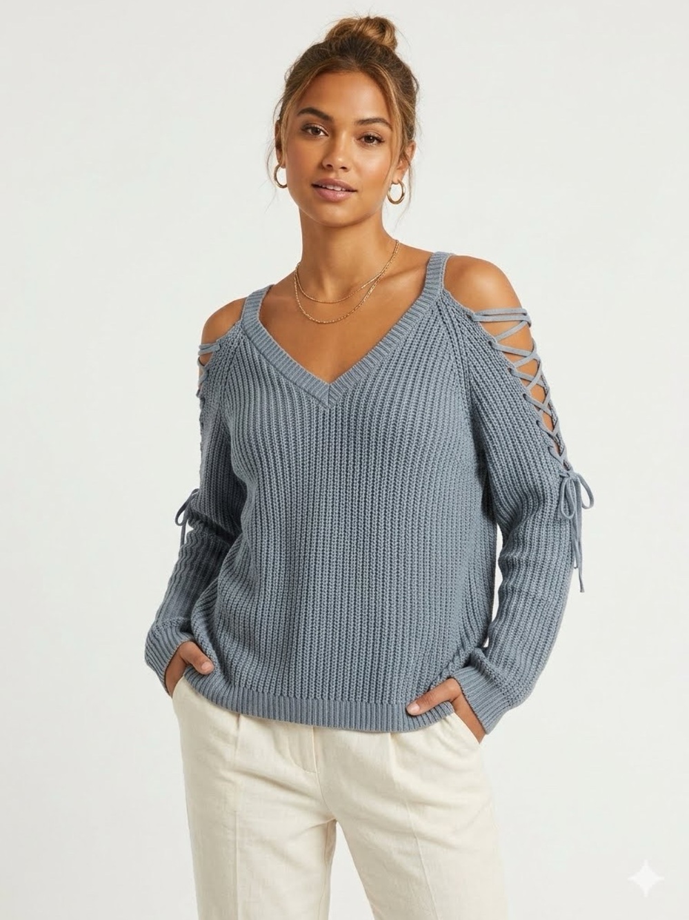 La Hearts Lace-Up Cold Shoulder V-Neck Sweater in Dusty Blue, Size‎ M